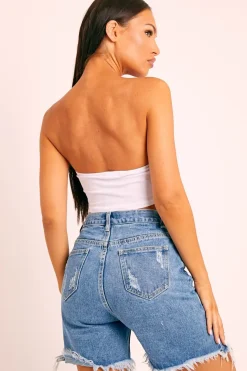 Rebellious Fashion Blue Denim Frayed Longline Shorts - Fiorela