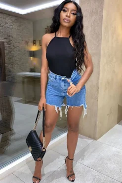 Rebellious Fashion Blue Denim Frayed Longline Shorts - Fiorela