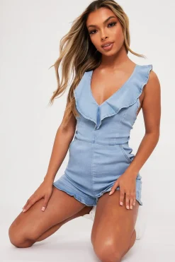 Rebellious Fashion Blue Denim Frill V Neck Backless Playsuit - Ginna