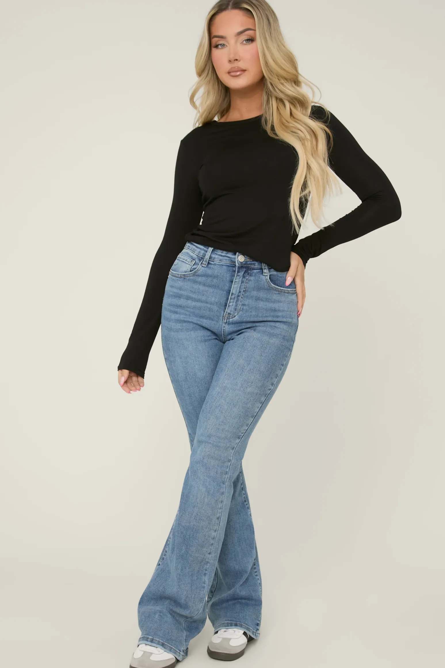 Rebellious Fashion Blue Denim High Waist Kick Flare Frayed Hem Denim Jeans - Aspen