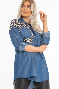 Rebellious Fashion Blue Denim Leopard Print Insert Button Down Shirt - Shelby