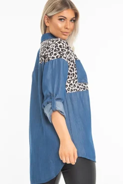 Rebellious Fashion Blue Denim Leopard Print Insert Button Down Shirt - Shelby