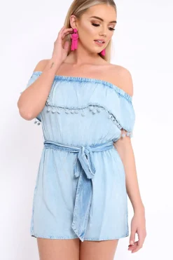 Rebellious Fashion Blue Denim Look Bardot Pom Pom Trim Playsuit - Aalani