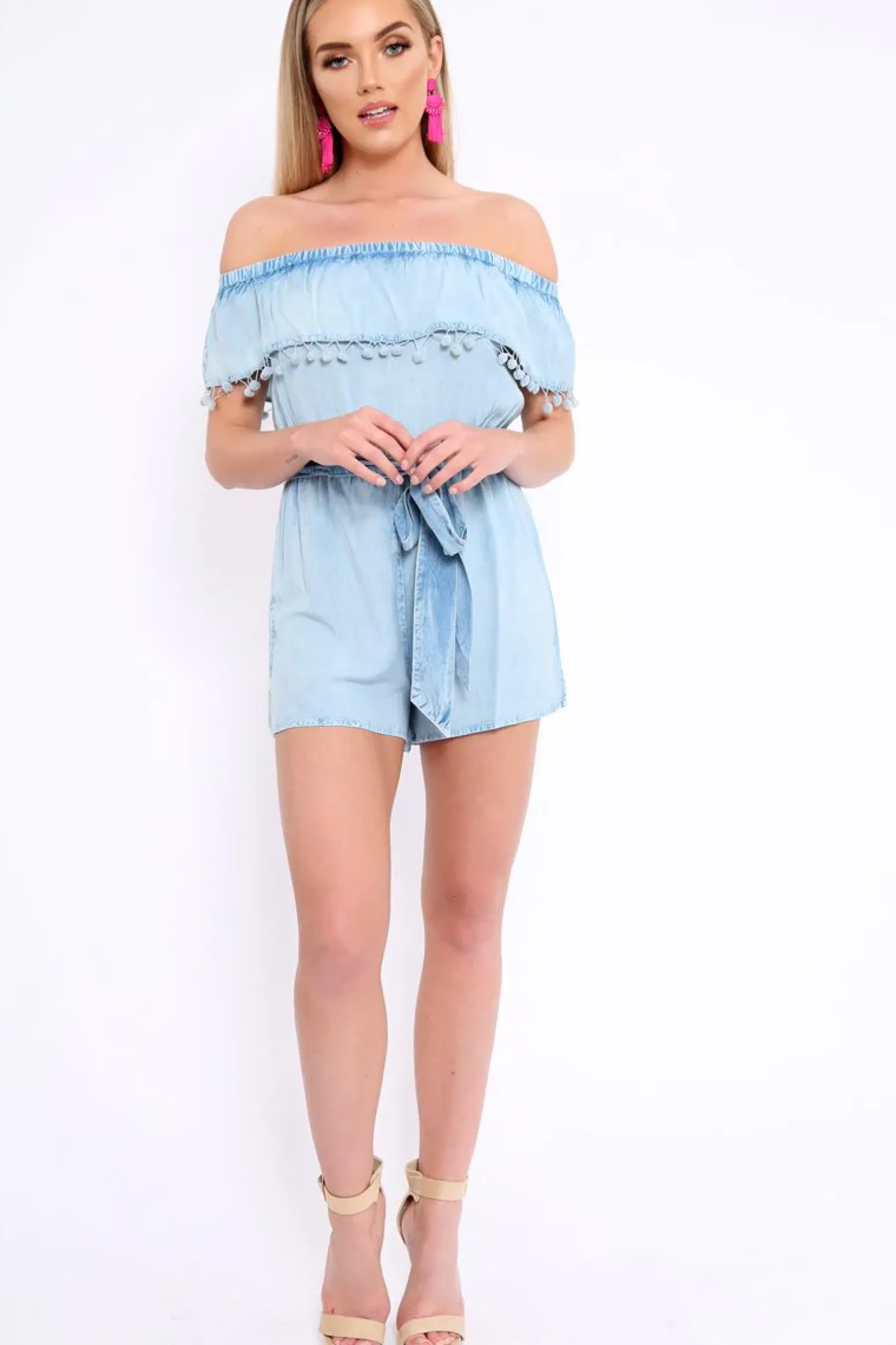 Rebellious Fashion Blue Denim Look Bardot Pom Pom Trim Playsuit - Aalani