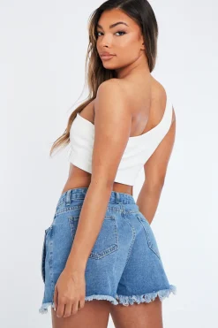 Rebellious Fashion Blue Denim Raw Hem Flowy Shorts - Heidi
