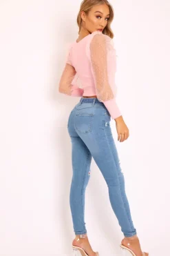 Rebellious Fashion Blue Denim Ripped Buckle Belted Skinny Jeans - Suzie
