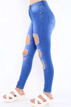 Rebellious Fashion Blue Denim Ripped High Waist Skinny Jeans - Emlynn
