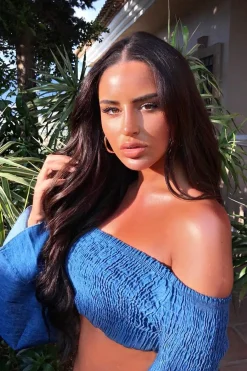 Rebellious Fashion Blue Denim Shirred Flare Sleeve Crop Top - Stazie