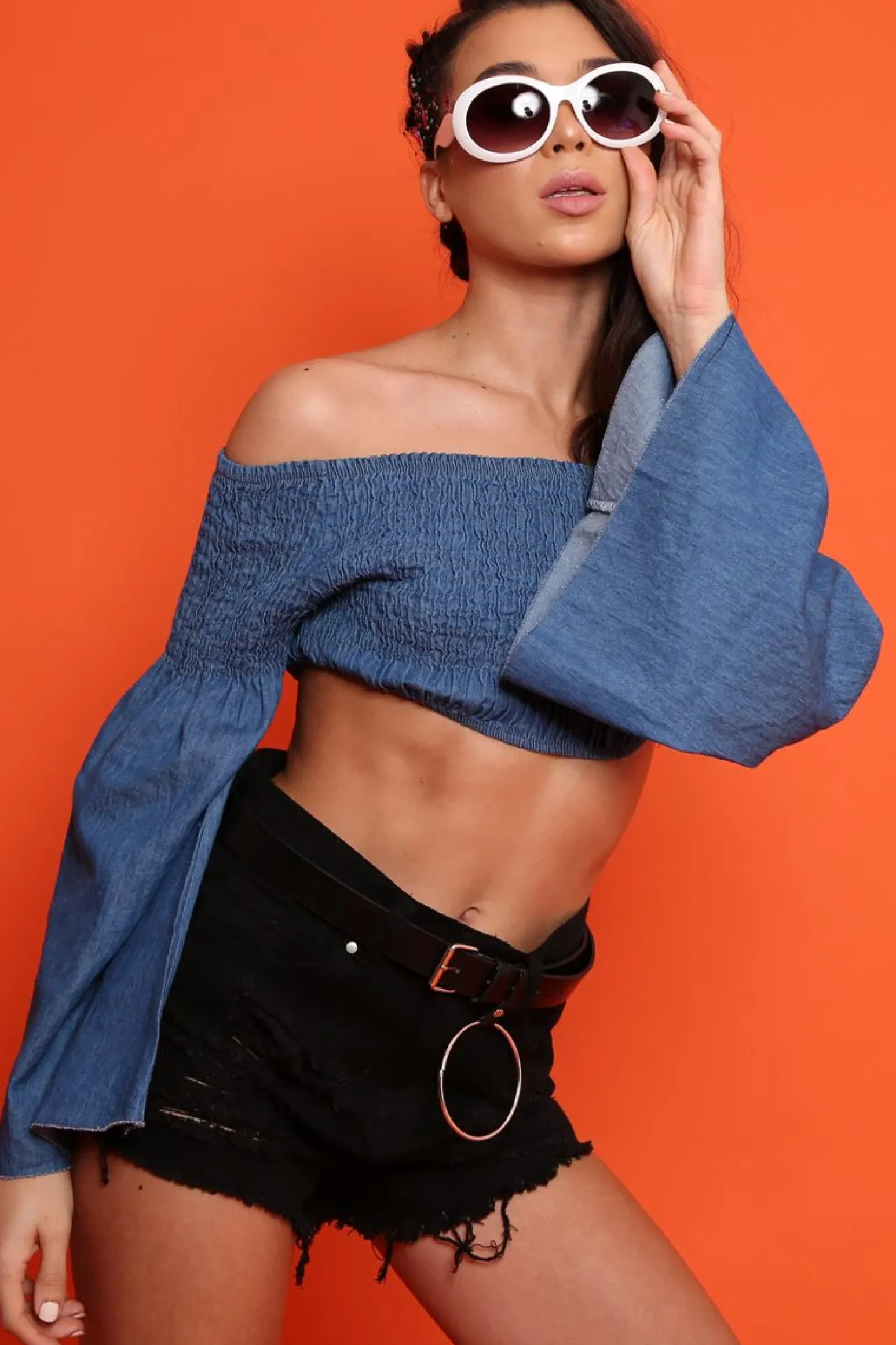 Rebellious Fashion Blue Denim Shirred Flare Sleeve Crop Top - Stazie