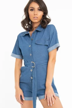 Rebellious Fashion Blue Denim Short Sleeve Belted Playsuit - Avira