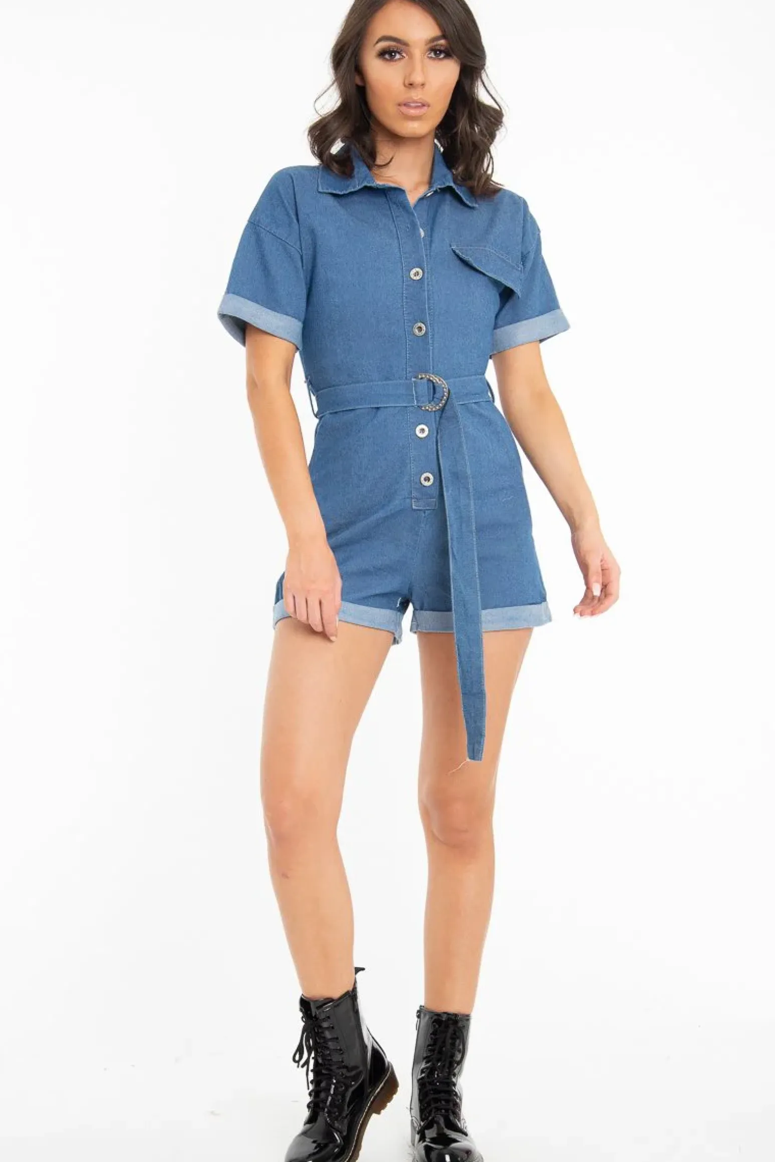 Rebellious Fashion Blue Denim Short Sleeve Belted Playsuit - Avira