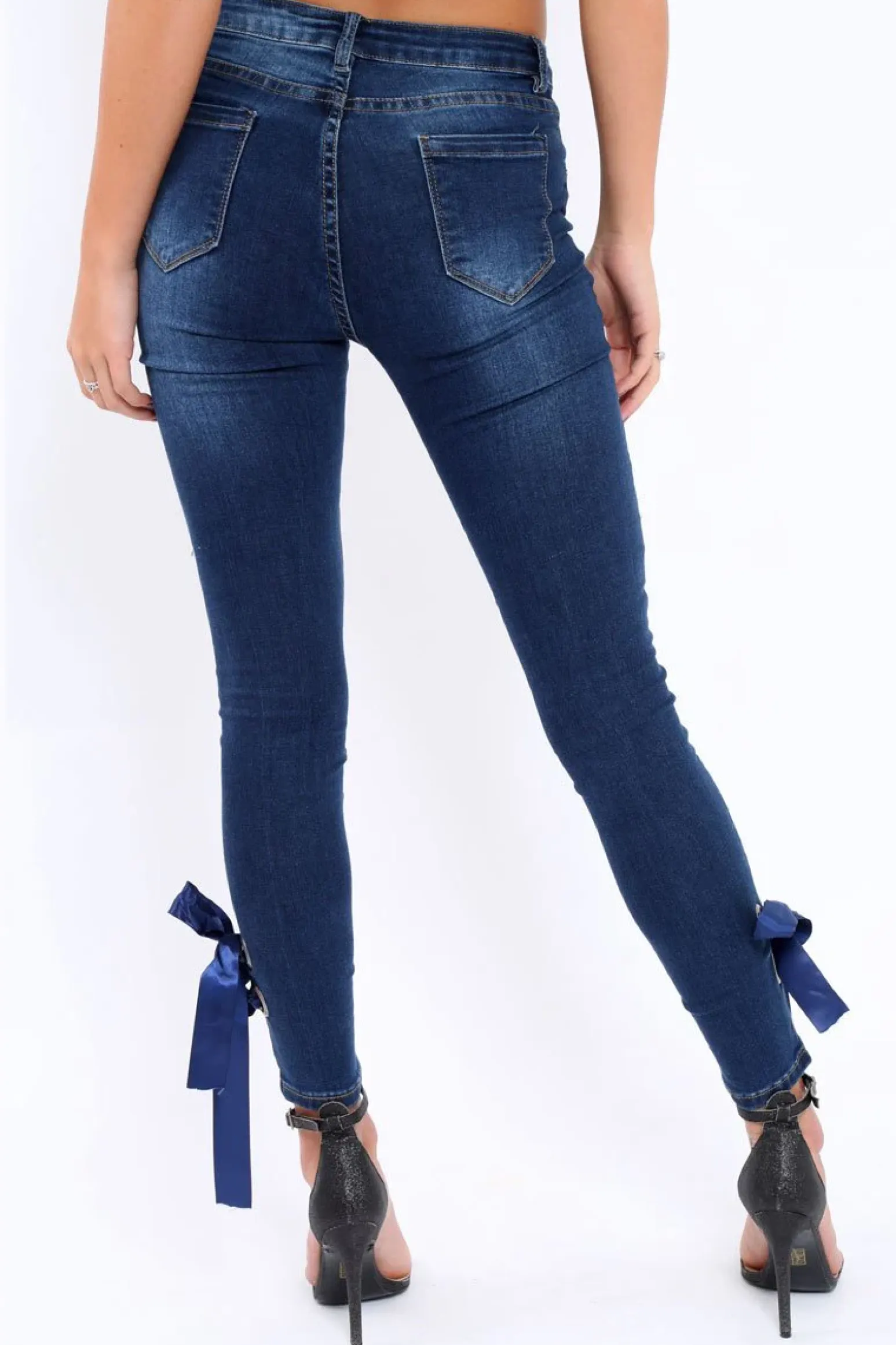 Rebellious Fashion Blue Denim Side Bow Skinny Jeans - Emilia