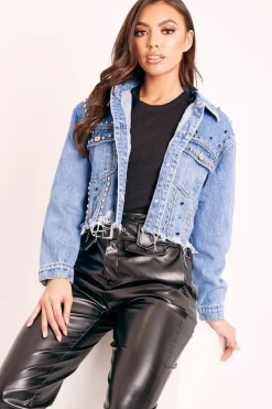 Rebellious Fashion Blue Denim Studded Cropped Jacket - Gwenna