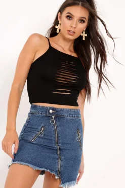 Rebellious Fashion Blue Denim Zip Frayed Hem Mini Skirt - Aaliah