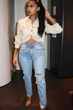 Rebellious Fashion Blue Distressed Ankle Denim Mom Jeans - Bobbi