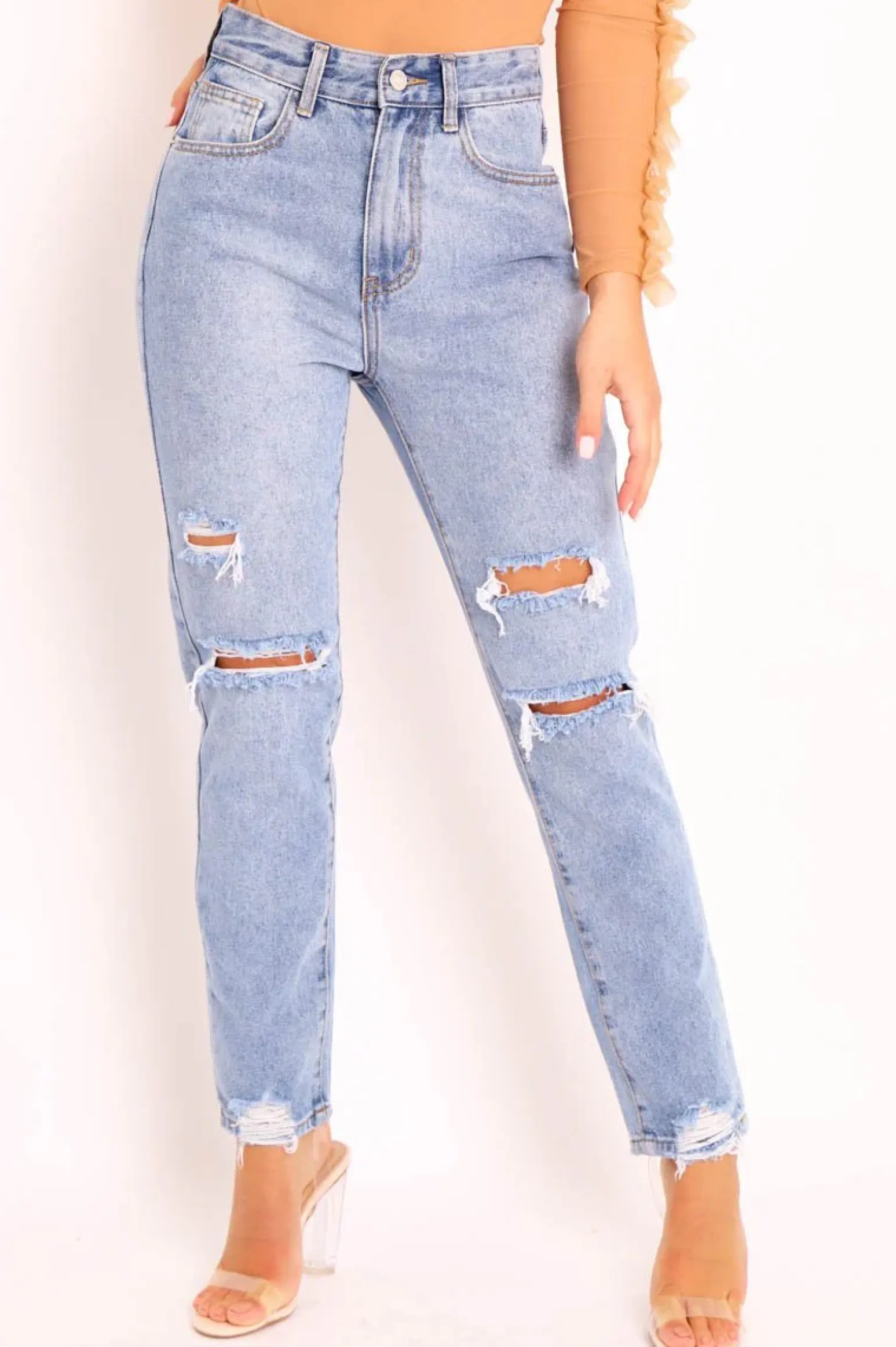 Rebellious Fashion Blue Distressed Ankle Denim Mom Jeans - Bobbi