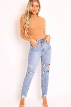Rebellious Fashion Blue Distressed Ankle Denim Mom Jeans - Bobbi