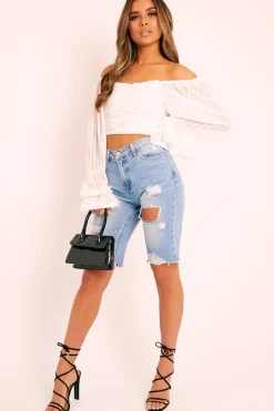 Rebellious Fashion Blue Distressed Boyfriend Denim Shorts - Calli