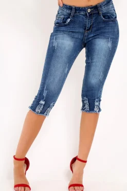 Rebellious Fashion Blue Distressed Cropped Leg Shorts - Cora
