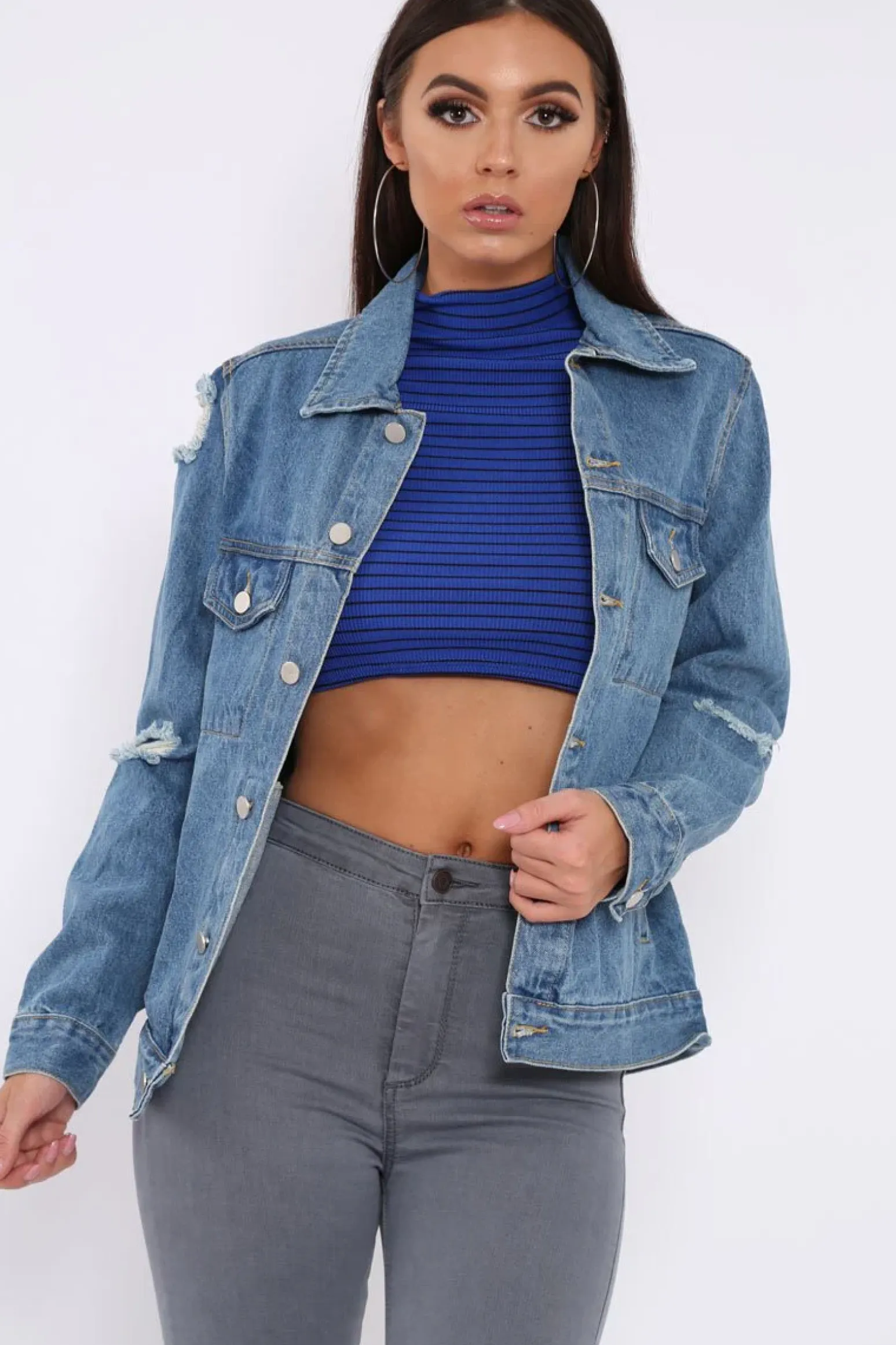 Rebellious Fashion Blue Distressed Denim Jacket - Friya