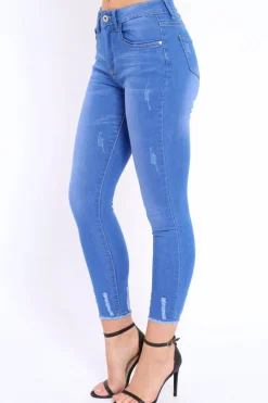 Rebellious Fashion Blue Distressed Detail Raw Hem Skinny Jeans - Celeste