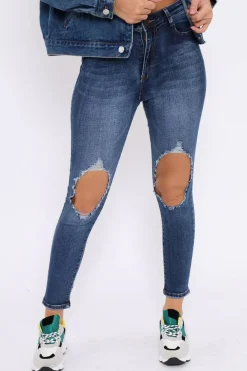 Rebellious Fashion Blue Distressed Extreme Rip Jeans - Geanna