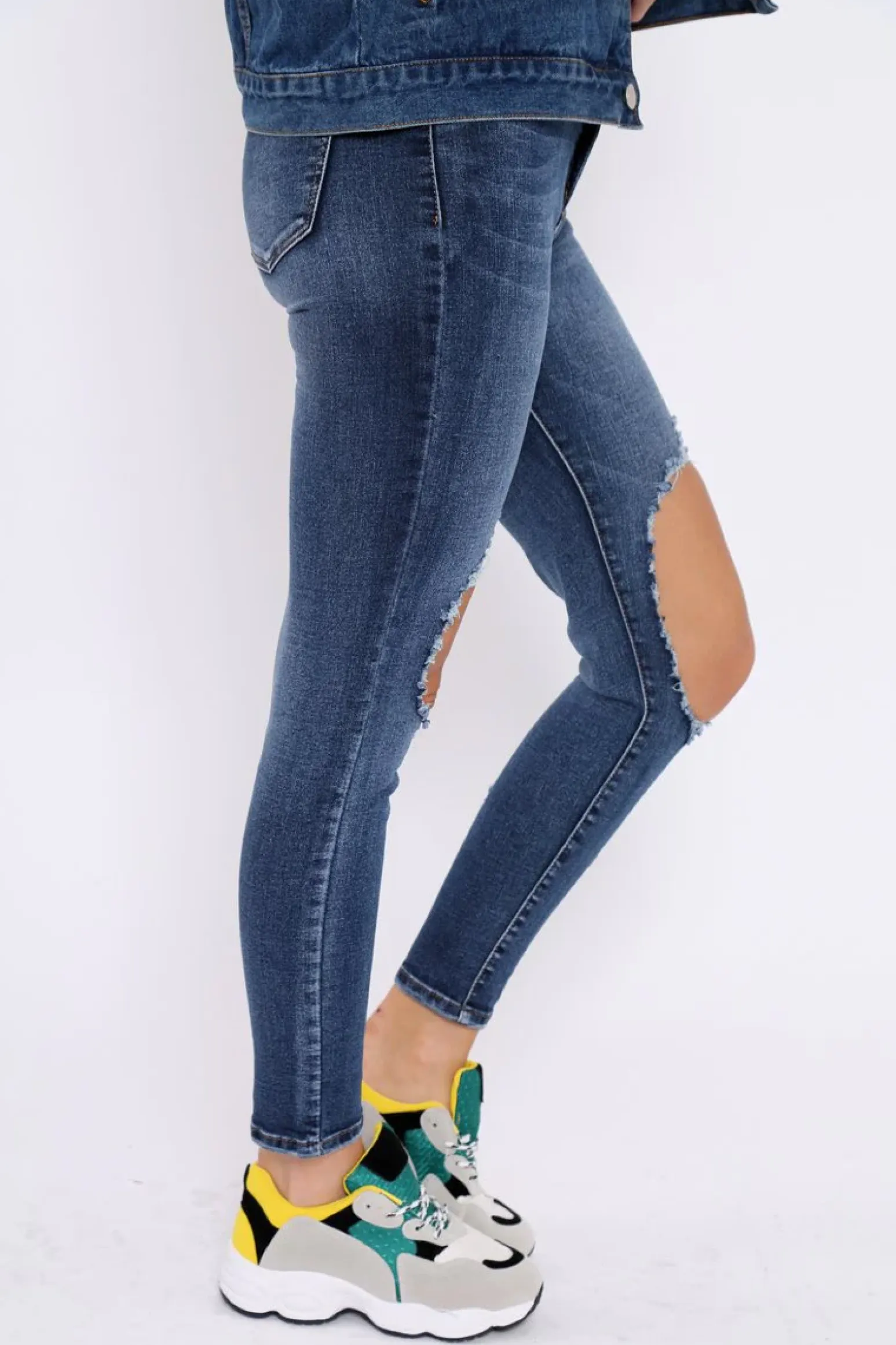 Rebellious Fashion Blue Distressed Extreme Rip Jeans - Geanna