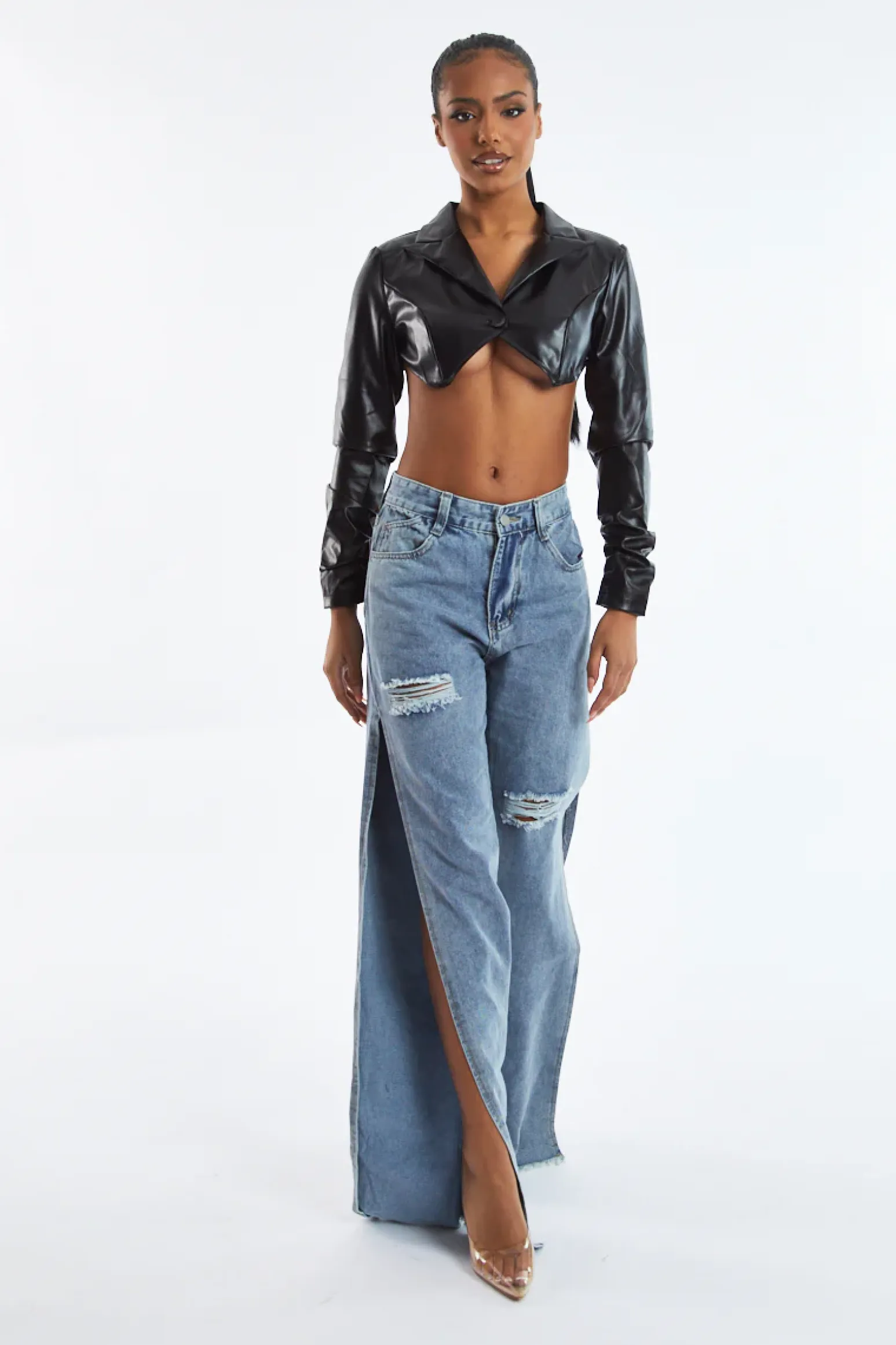 Rebellious Fashion Blue Distressed Side Slit Wide Leg Jeans - Della