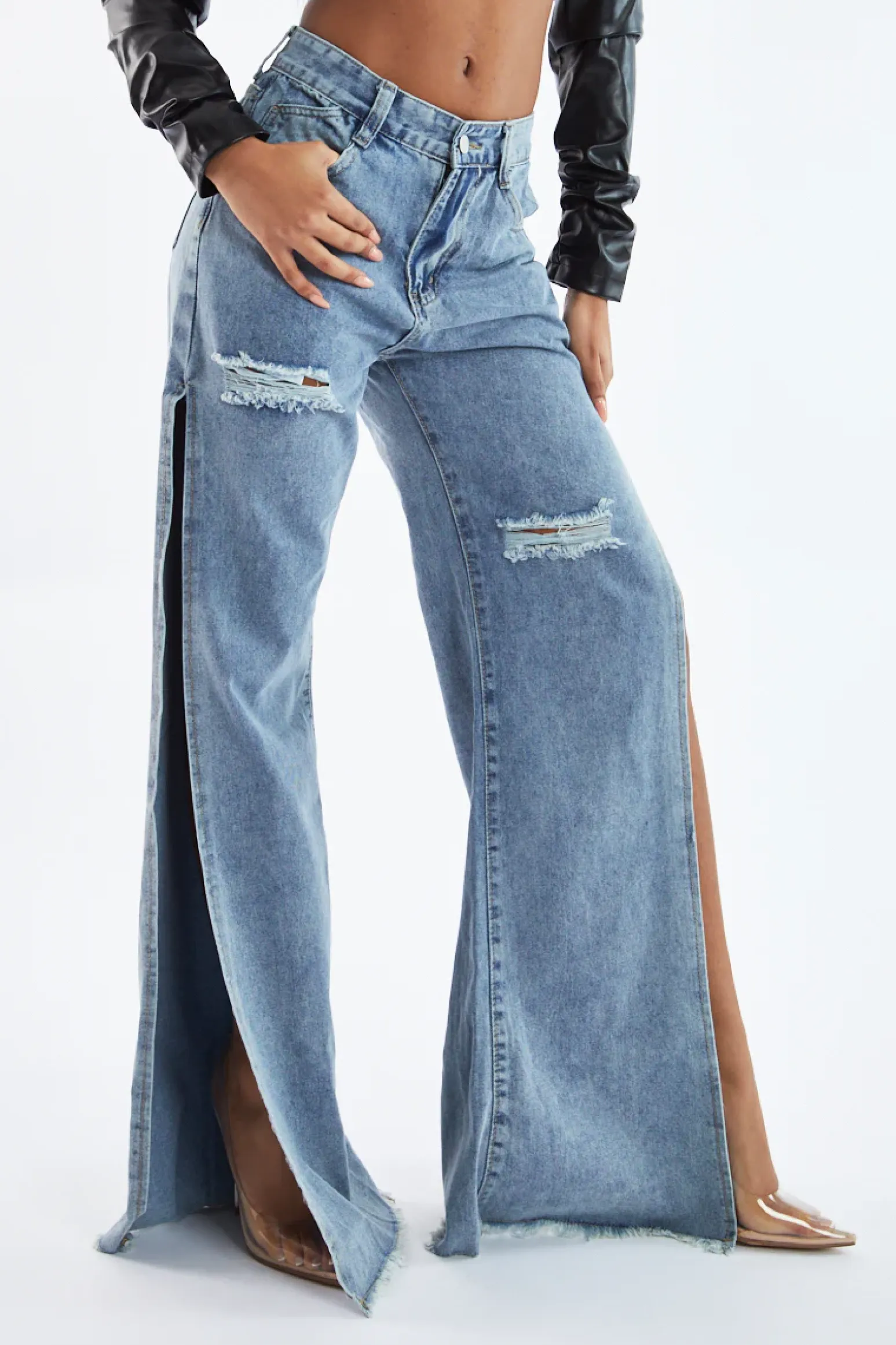 Rebellious Fashion Blue Distressed Side Slit Wide Leg Jeans - Della