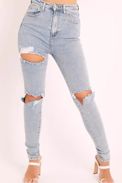 Rebellious Fashion Blue Distressed Skinny Jeans - Izara
