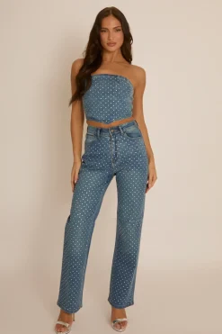 Rebellious Fashion Blue Embellished Denim Jeans - Gabriela