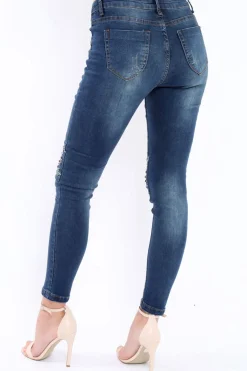 Rebellious Fashion Blue Embellished Knees Denim Jeans - Kadi