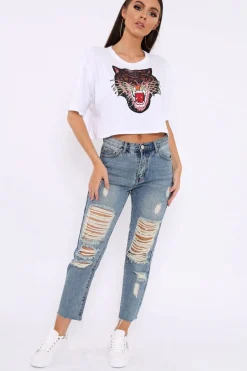 Rebellious Fashion Blue Extreme Distressed Frey Hem Jeans - Terri
