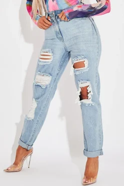 Rebellious Fashion Blue Extremely Ripped Denim Mom Jeans - Ellynor
