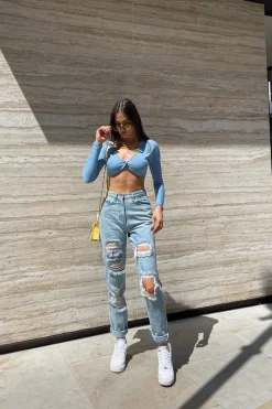 Rebellious Fashion Blue Extremely Ripped Denim Mom Jeans - Ellynor