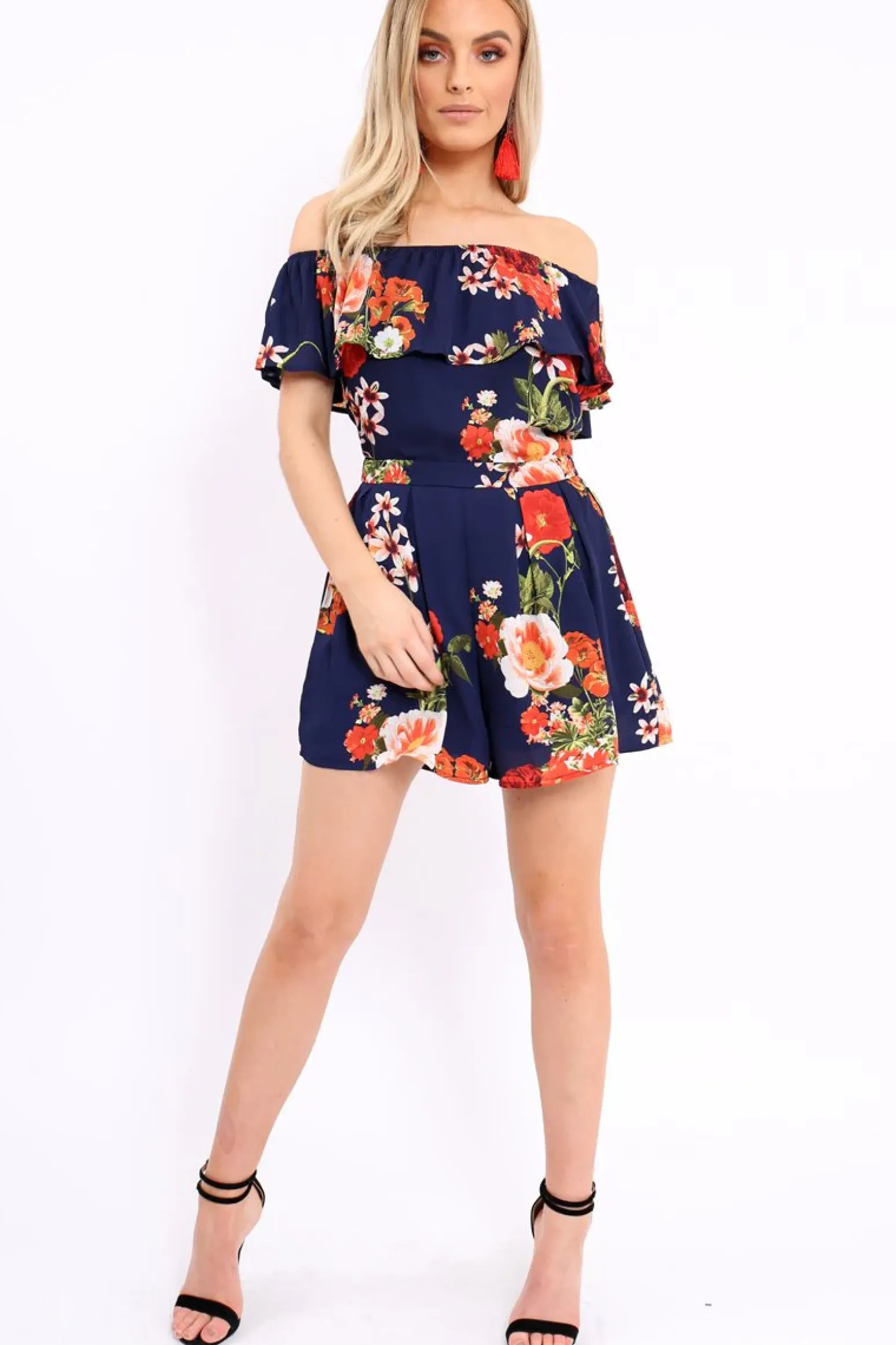 Rebellious Fashion Blue Floral Bardot Playsuit with Frill Detail - Raine