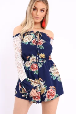 Rebellious Fashion Blue Floral Bardot Playsuit with Lace Sleeves - Caroline