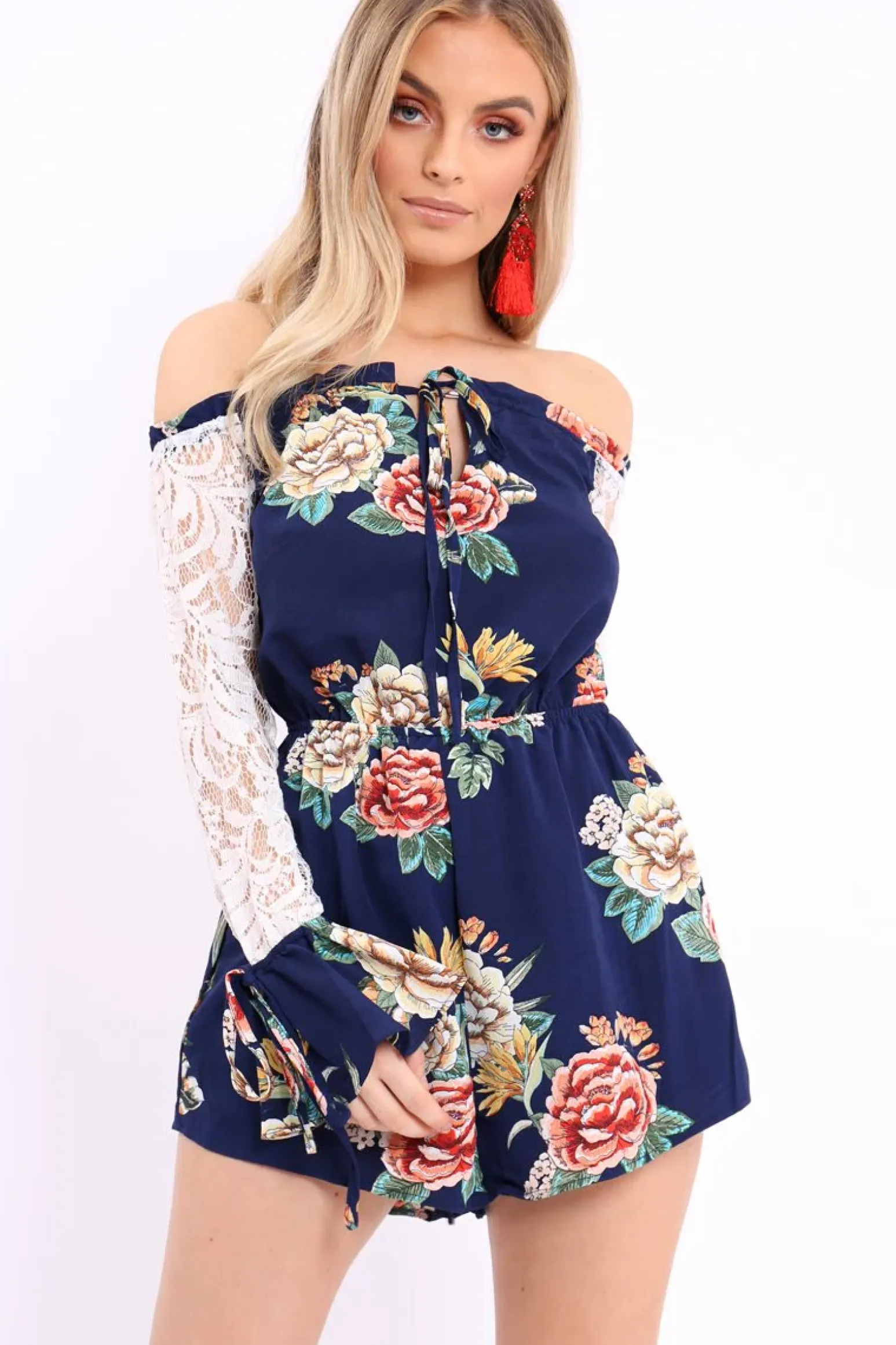 Rebellious Fashion Blue Floral Bardot Playsuit with Lace Sleeves - Caroline