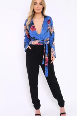 Rebellious Fashion Blue Floral Plunge Satin Wrap Front Jumpsuit - Talulah