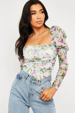 Rebellious Fashion Blue Floral Puff Sleeve Bodysuit - Deana