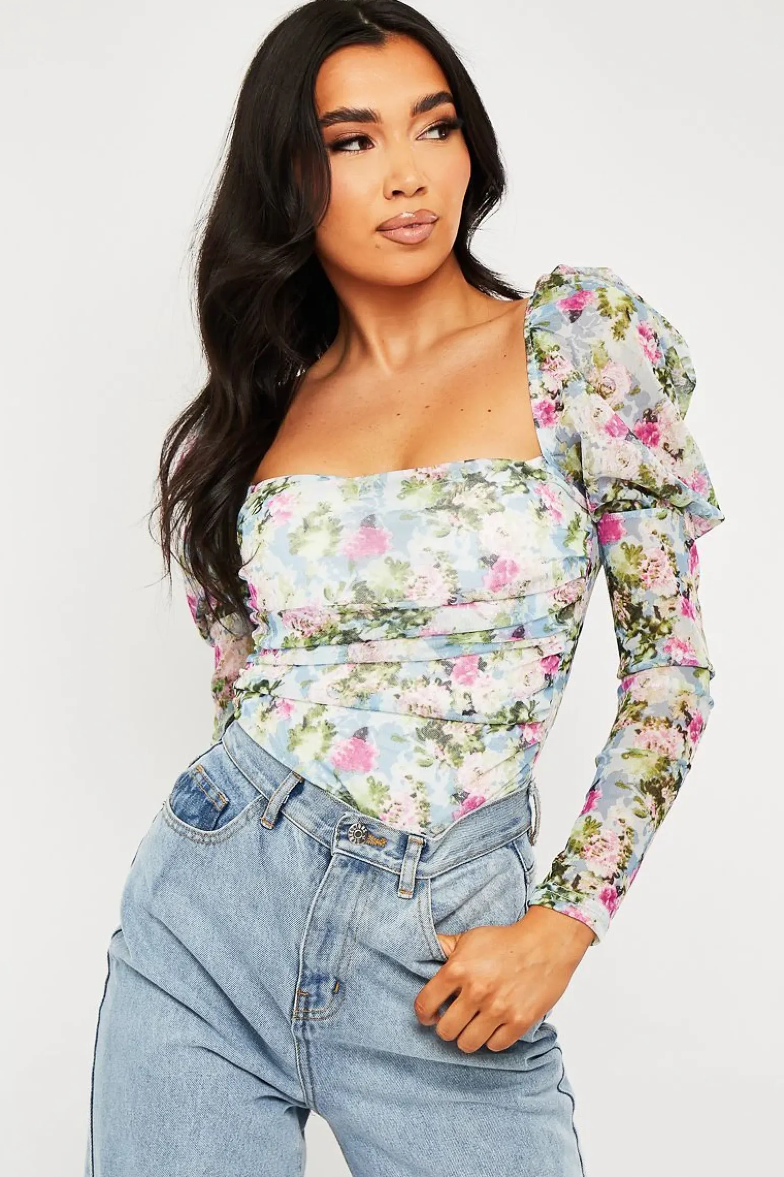 Rebellious Fashion Blue Floral Puff Sleeve Bodysuit - Deana
