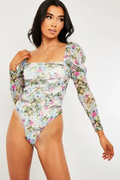 Rebellious Fashion Blue Floral Puff Sleeve Bodysuit - Deana