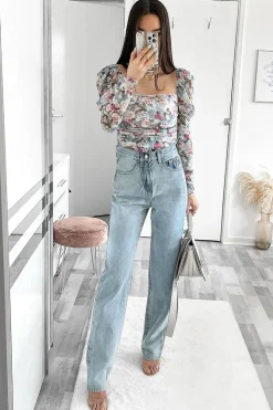 Rebellious Fashion Blue Floral Puff Sleeve Bodysuit - Deana