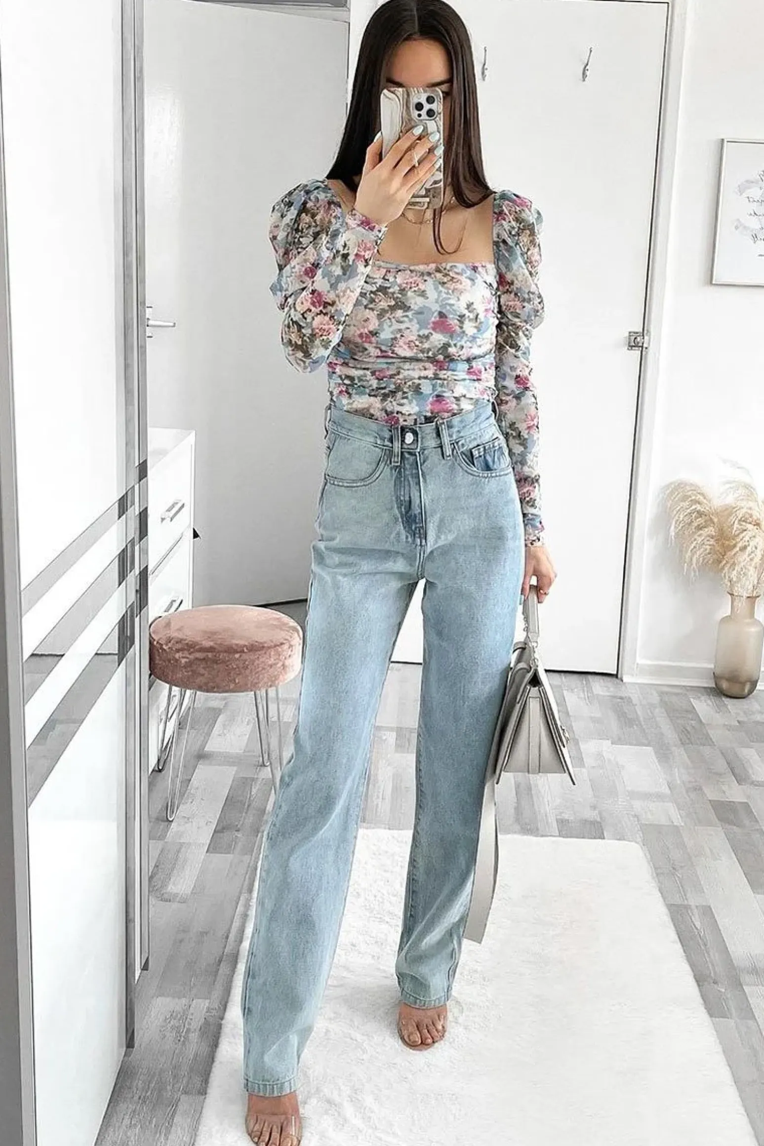 Rebellious Fashion Blue Floral Puff Sleeve Bodysuit - Deana