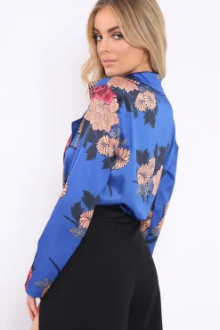 Rebellious Fashion Blue Flower Print Plunge Satin Bodysuit - Madelynn