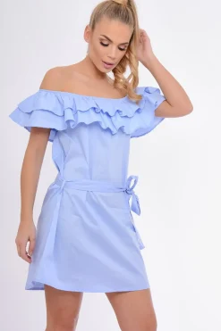 Rebellious Fashion Blue Frill Bardot Tie Waist Shirt Dress - Ally