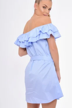Rebellious Fashion Blue Frill Bardot Tie Waist Shirt Dress - Ally