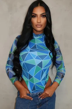 Rebellious Fashion Blue Geometric Pattern Mesh Bodysuit - Bee