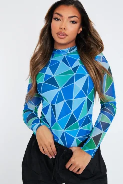 Rebellious Fashion Blue Geometric Pattern Mesh Bodysuit - Bee