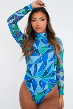 Rebellious Fashion Blue Geometric Pattern Mesh Bodysuit - Bee